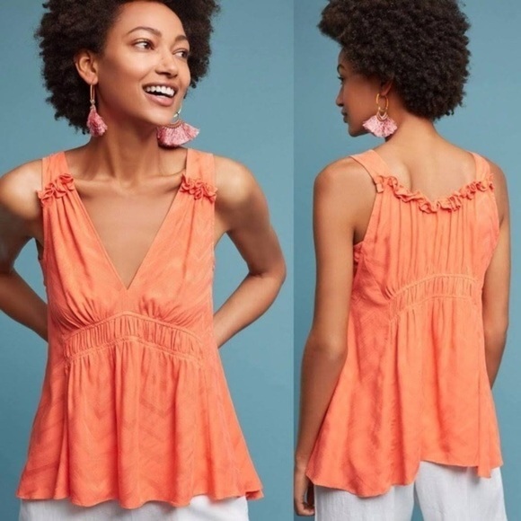 Maeve Anthro Red Orange Bretta Gathered Vneck Ruffle Babydoll Tank Top petite - Picture 1 of 9